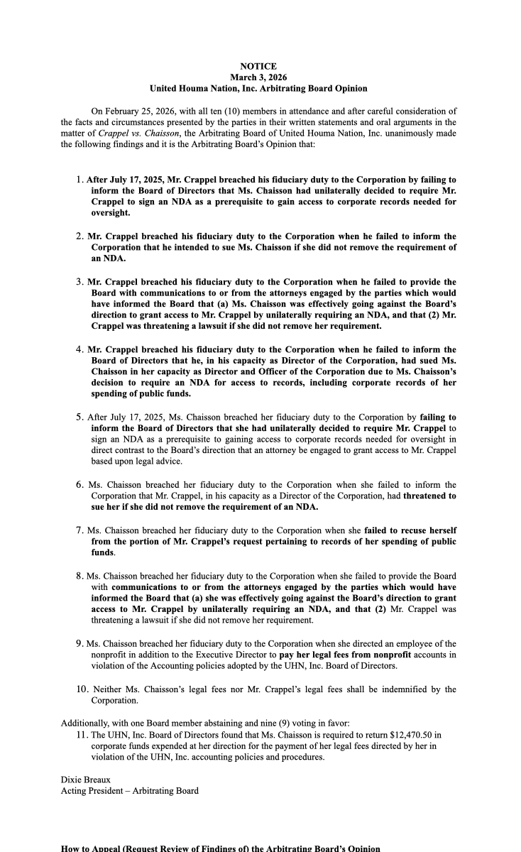 Preview of the March 3, 2026 United Houma Nation, Inc. Arbitrating Board Opinion