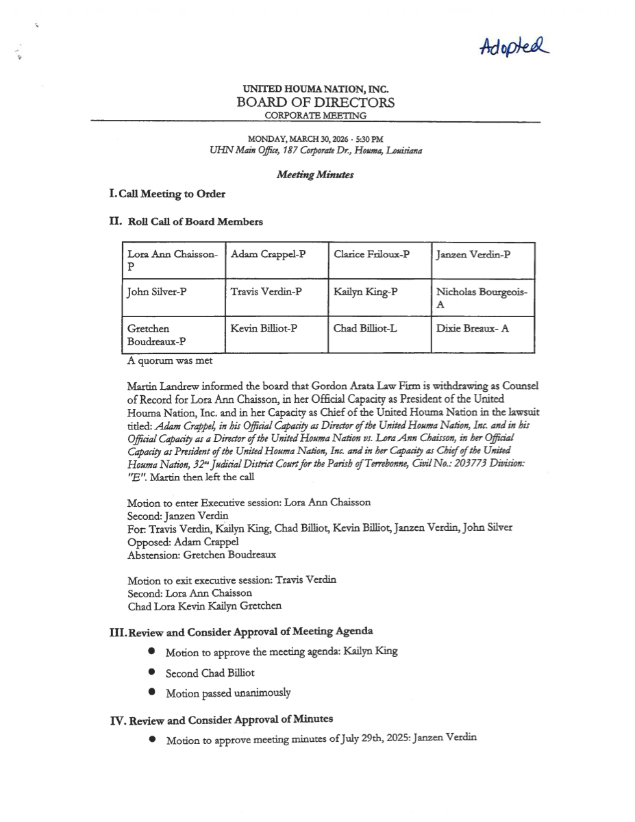 Preview of United Houma Nation, Inc. board meeting minutes and resolutions