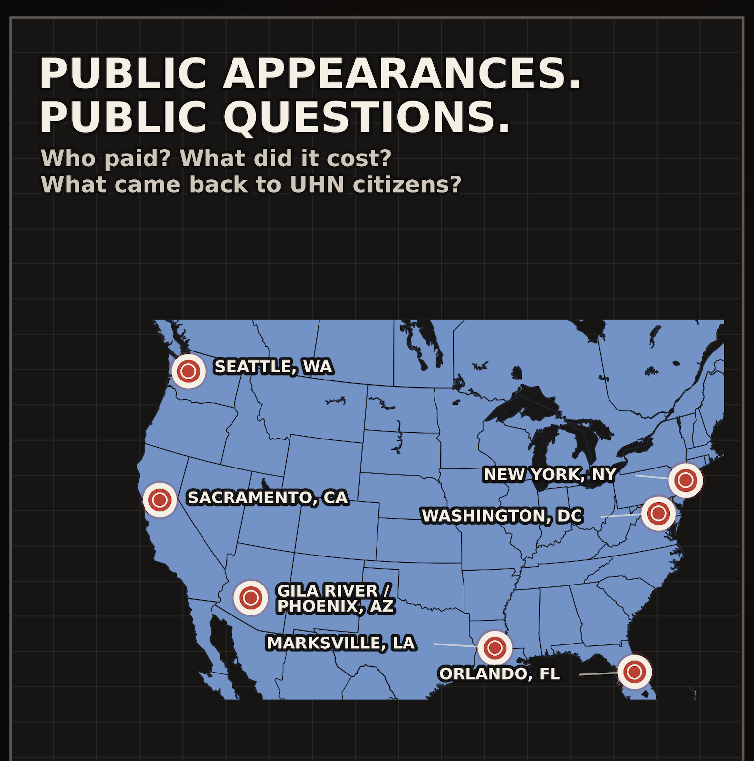 Travel accountability map showing documented appearances and records-requested locations